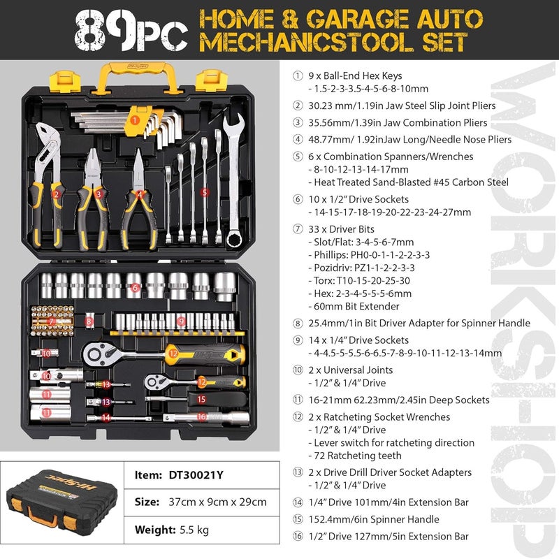 Hi-Spec 89pc Mechanic Tool Set for Car and Motorcycle - Complete Hand Tool Kit with Screwdrivers, Socket Set, Allen Keys, Ratchet and Adjustable Wrench in Tool Box - Image 5