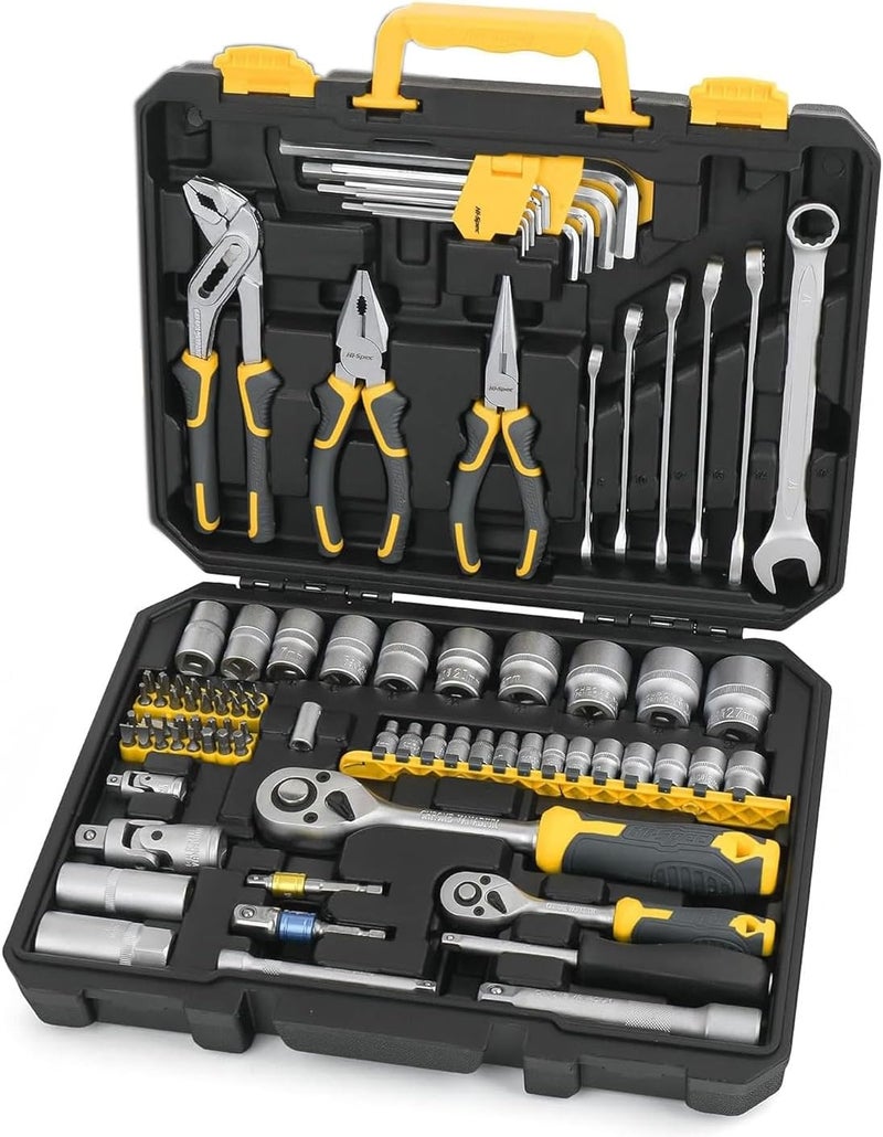 Hi-Spec 89pc Mechanic Tool Set for Car and Motorcycle - Complete Hand Tool Kit with Screwdrivers, Socket Set, Allen Keys, Ratchet and Adjustable Wrench in Tool Box - Image 1