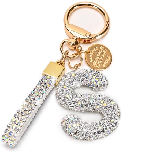 Prometheism Initial Letter Keychain for Women Girls, Bling cute KeyChain for Car Key Accessories Lanyard and Backpack Bag，Perfect Gift (White-S) - Image 1