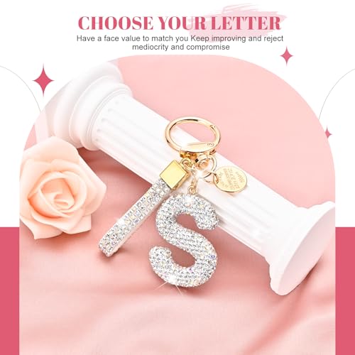 Prometheism Initial Letter Keychain for Women Girls, Bling cute KeyChain for Car Key Accessories Lanyard and Backpack Bag，Perfect Gift (White-S) - Image 2