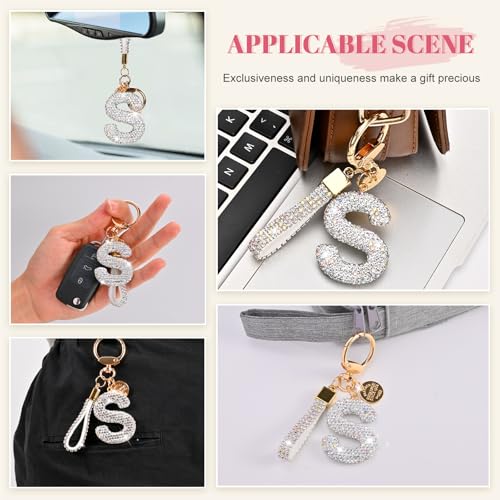 Prometheism Initial Letter Keychain for Women Girls, Bling cute KeyChain for Car Key Accessories Lanyard and Backpack Bag，Perfect Gift (White-S) - Image 3