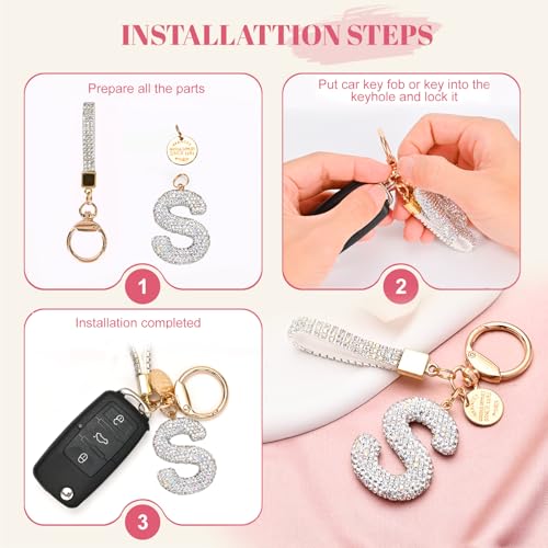 Prometheism Initial Letter Keychain for Women Girls, Bling cute KeyChain for Car Key Accessories Lanyard and Backpack Bag，Perfect Gift (White-S) - Image 5