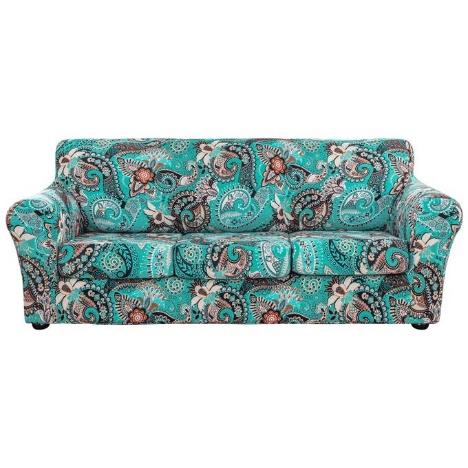 PRINTED SOFA COVER FOR 3 CUSHION COUCH HIGH STRETCH SOFA SLIPCOVERS 4 PIECE SOFA SLIPCOVER WITH THREE SEPARATE CUSHION COVERS ELASTIC BOTTOM FLORAL PATTERN GREEN SOFA