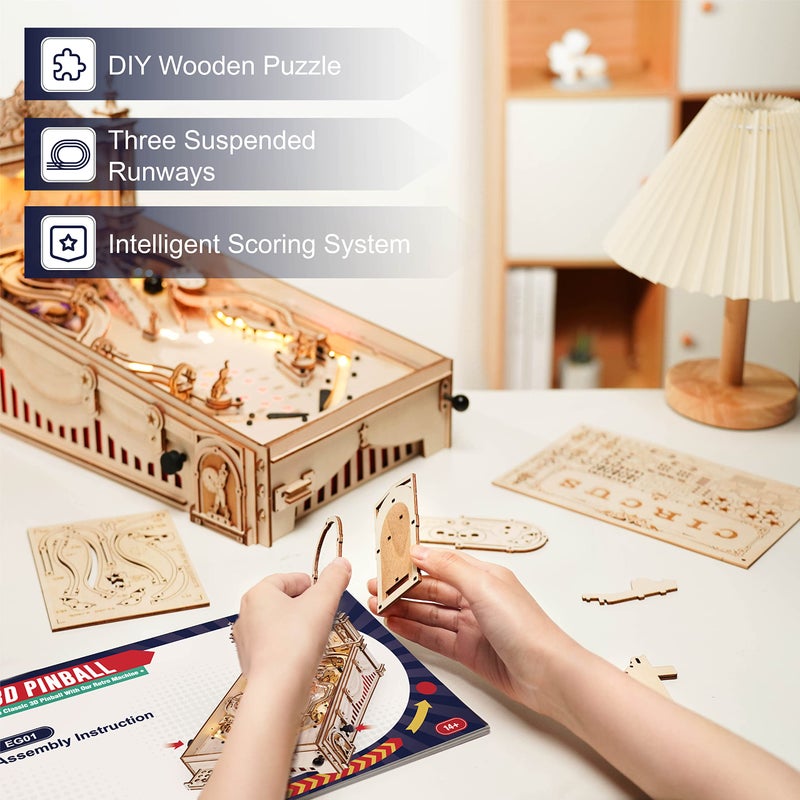 Rowood Wooden Puzzles 3D Pinball Machine Mechanical Model Wooden 3D Puzzles for Adults DIY Pinball Game Wooden PuzzleModel Building Kits Christmas Birthday Gifts for Adult and 14 - Image 3