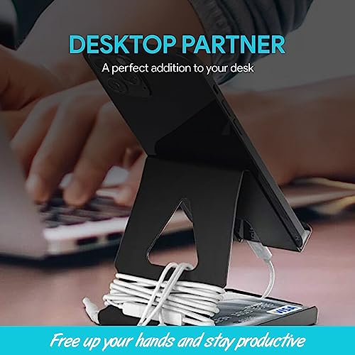 Amkette Ergo Desk 2 in 1 Metal Phone Holder, Multifunction Tabletop Holder for mobiles and Tablets,Compact and Portable Aluminium Stand with Silicone Pads(Black) - Image 2