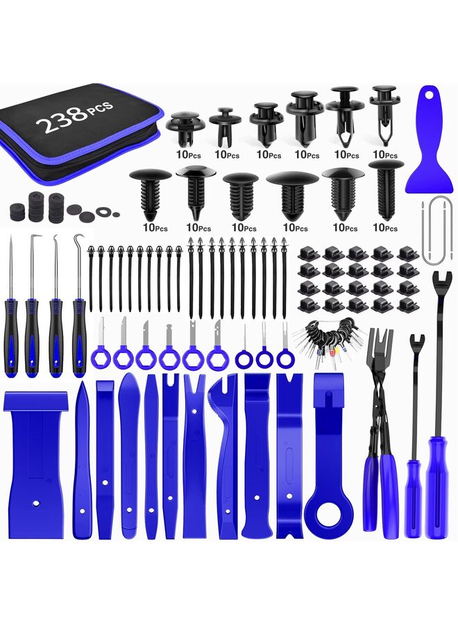 ٢٣٨ قطعة من أدوات إزالة الحواف، مجموعة مشابك تثبيت المصد التلقائي، أداة إزالة أطراف التثبيت، مشابك كابلات لاصقة، طقم فك، إزالة راديو لوحة السيارة، كماشة مشابك تلقائية (المقاس: ٢٣٨ قطعة) - Image 1