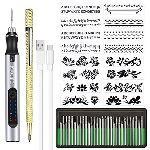 Ryoma Rechargeable cordless Electric Micro Engraver Pen Mini DIY Engraving Tool Kit for Metal Glass Ceramic Plastic Wood Jewelry with 30 Bits and 16 Stencils and 1 Scriber Pen (silver) - Image 1