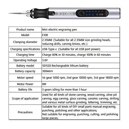Ryoma Rechargeable cordless Electric Micro Engraver Pen Mini DIY Engraving Tool Kit for Metal Glass Ceramic Plastic Wood Jewelry with 30 Bits and 16 Stencils and 1 Scriber Pen (silver) - Image 4