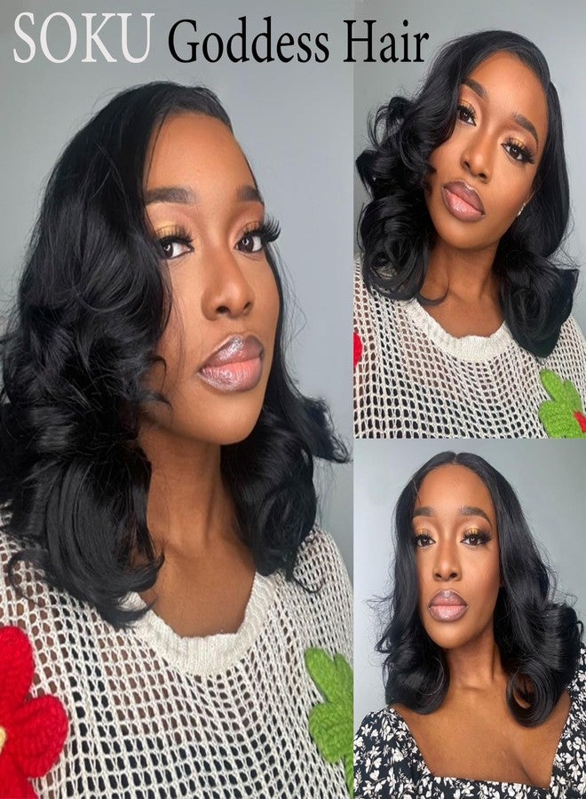 SOKU 13X6 Body Wave Lace Front Wigs Pre Layered, 18 Inch Short Wavy Glueless Wigs Pre Plucked, Natural Black Synthetic Lace Front Wigs for Women, Ready to Wear with Tiny Knots - Image 2