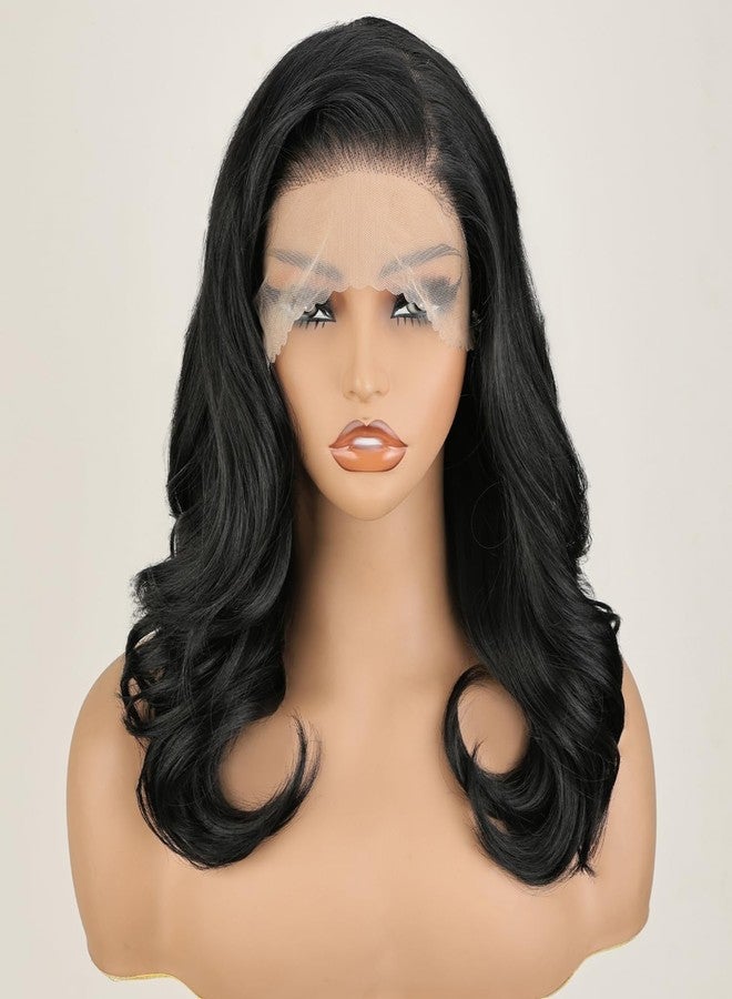 SOKU 13X6 Body Wave Lace Front Wigs Pre Layered, 18 Inch Short Wavy Glueless Wigs Pre Plucked, Natural Black Synthetic Lace Front Wigs for Women, Ready to Wear with Tiny Knots - Image 1