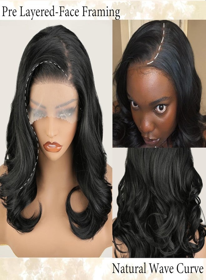 SOKU 13X6 Body Wave Lace Front Wigs Pre Layered, 18 Inch Short Wavy Glueless Wigs Pre Plucked, Natural Black Synthetic Lace Front Wigs for Women, Ready to Wear with Tiny Knots - Image 5