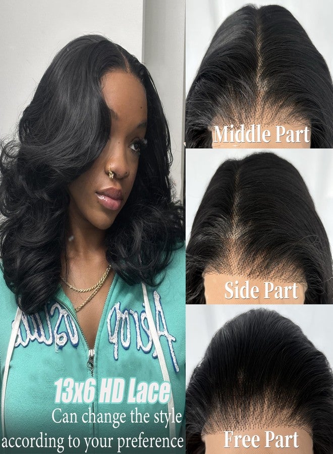 SOKU 13X6 Body Wave Lace Front Wigs Pre Layered, 18 Inch Short Wavy Glueless Wigs Pre Plucked, Natural Black Synthetic Lace Front Wigs for Women, Ready to Wear with Tiny Knots - Image 4