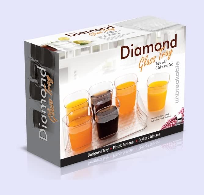 happi Unbreakable Water and Juice Drinking Glass Set with Serving Tray Sharbat/Beer/Wine Glass Plastic PET Transparent Stylish Set, 6 Pieces 250 Ml Glass with Tray for Kitchen - Image 2