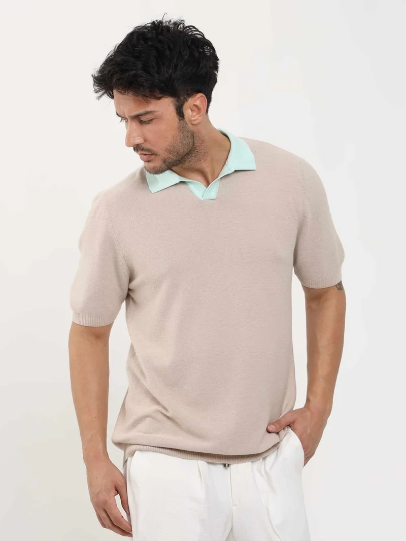 Beige Men's Slim Fit Plain Polo Neck Sweater - 104586