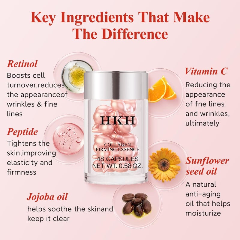 HKH Retinol Serum Capsules for Face: 48 Capsules Vitamin A Anti-Aging Wrinkle Skin Care Night Serum - Vitamin E Collagen Oil for Women - Daily Deep skincare for Fine Lines Smooths Hydrates - 0.58 Oz - Image 4