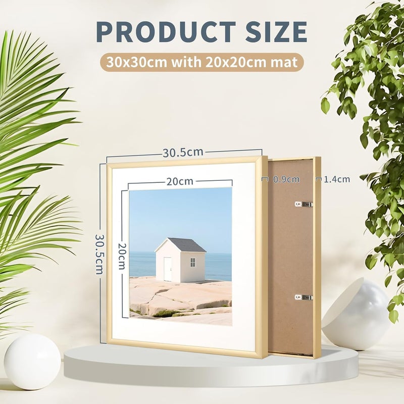 ATOBART إطار صور، قطعتان 30x30 إطار صور معدني - إطارات صور ألومنيوم 30x30 مع حشية قابلة للإزالة 20x20 سم للتعليق على الحائط والطاولة، ذهبي - Image 3