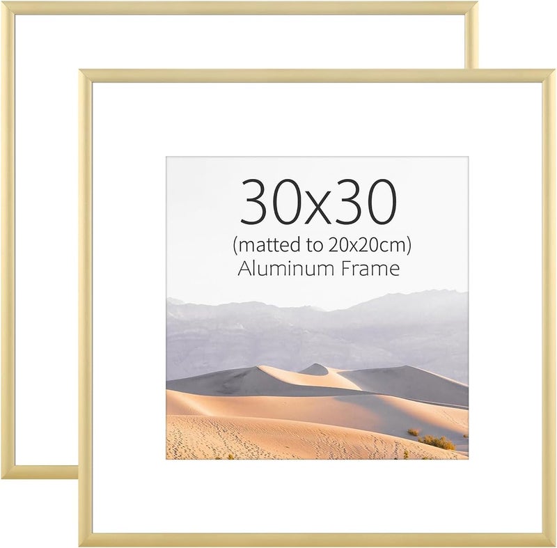 ATOBART إطار صور، قطعتان 30x30 إطار صور معدني - إطارات صور ألومنيوم 30x30 مع حشية قابلة للإزالة 20x20 سم للتعليق على الحائط والطاولة، ذهبي - Image 1