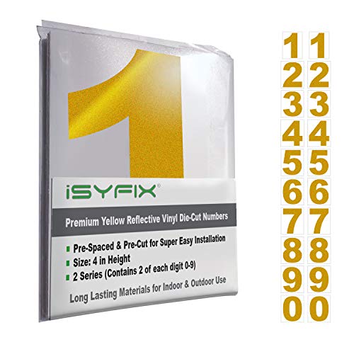iSYFIX Reflective Yellow Vinyl Numbers Stickers 4 Inch Self Adhesive 2 Sets Premium Decal Die Cut and PreSpaced for Mailbox Signs Window Door Cars Address Numbers Indoor or Outdoor - Image 1