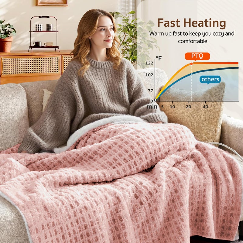 PTQ Waffle Heated Throw Blanket 50"x60" â€“ Pink Blush Electric Blanket with 6 Heat Levels & 4 Timer Settings, Ultra-Soft Faux Fur & Sherpa, ETL Certified, Machine Washable, Ideal Gift for Women - Image 3