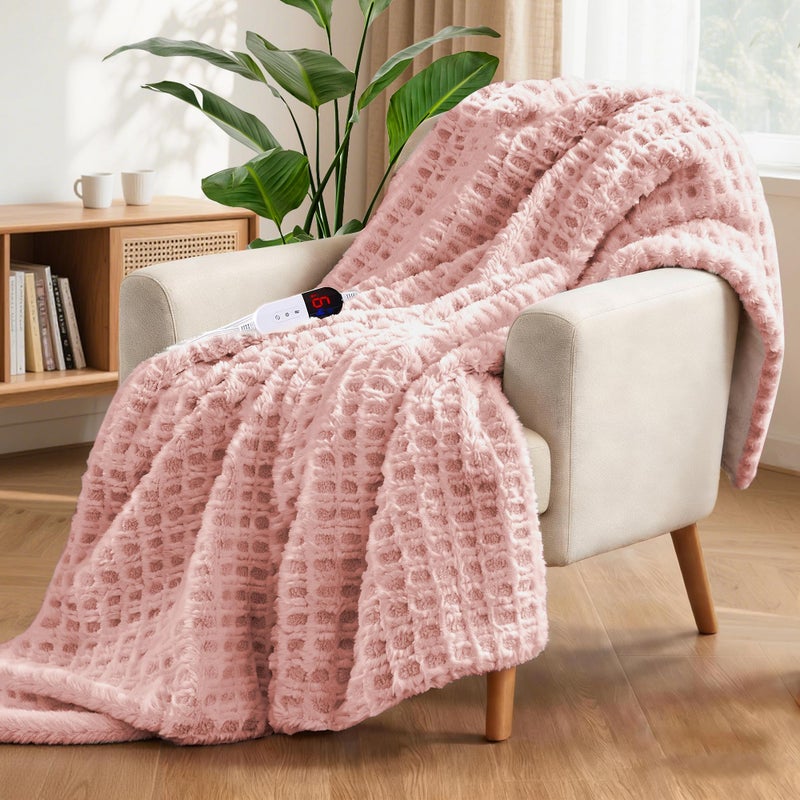 PTQ Waffle Heated Throw Blanket 50"x60" â€“ Pink Blush Electric Blanket with 6 Heat Levels & 4 Timer Settings, Ultra-Soft Faux Fur & Sherpa, ETL Certified, Machine Washable, Ideal Gift for Women - Image 1