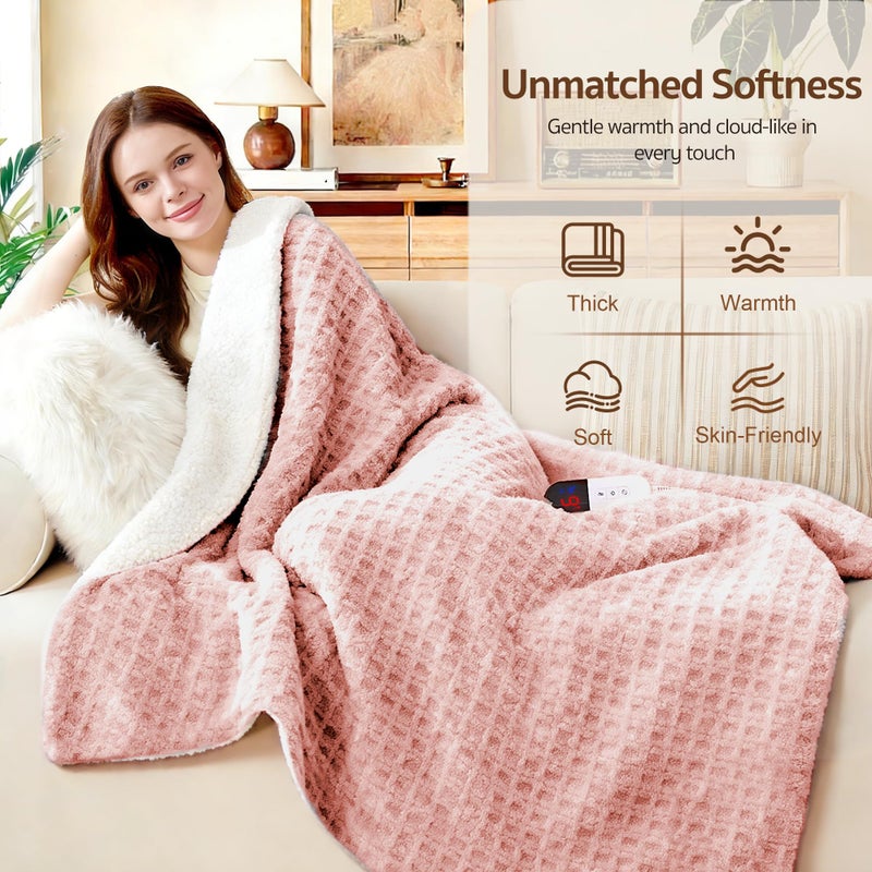 PTQ Waffle Heated Throw Blanket 50"x60" â€“ Pink Blush Electric Blanket with 6 Heat Levels & 4 Timer Settings, Ultra-Soft Faux Fur & Sherpa, ETL Certified, Machine Washable, Ideal Gift for Women - Image 4