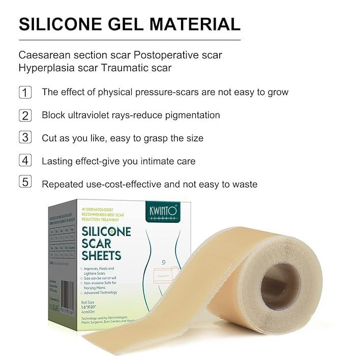 KWINTO Silicone Scar Sheets, Silicon gel sheets for Scars Transparent Medical Silicone Gel Tape for Scar Removal, Silicone Scar Tape Roll For Hypertrophic Scars and Keloids Caused by Surgery - Image 3