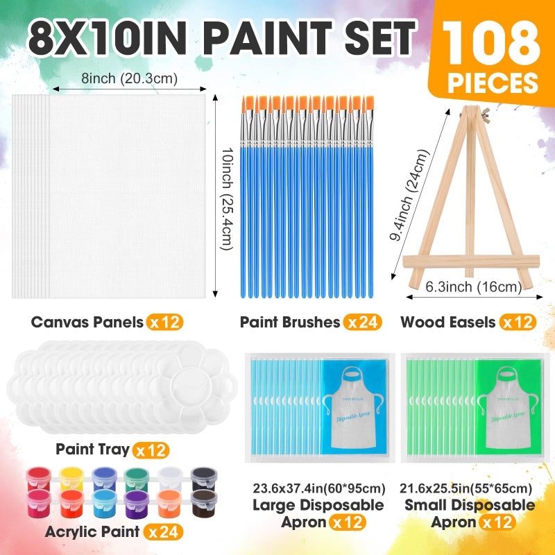 ESRICH 12 Pack 8x10 Canvas and Easel Set, Mini Acrylic Paint, Paint Brushes, Palettes, Aprons, Painting Kits for Adults Couples Friends Date Night Sip and Paint Party Supplies - Image 2