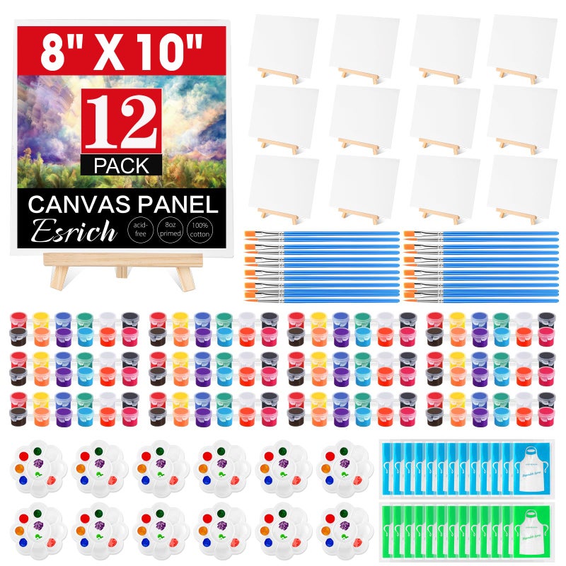 ESRICH 12 Pack 8x10 Canvas and Easel Set, Mini Acrylic Paint, Paint Brushes, Palettes, Aprons, Painting Kits for Adults Couples Friends Date Night Sip and Paint Party Supplies - Image 1