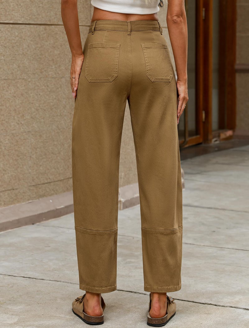 Eddoyee Women Barrel Cropped Pants, High Waisted Casual Loose Pants Harem Trousers with Cuff Split Designï¼ˆKhaki Lï¼‰ - Image 3