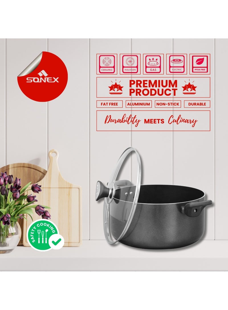 Sonex Casserole Premium Cookware, Even Heating, Tempered Glass Lid, High Quality Aluminum, Non-Stick Coating , Bakelite Heat Resistant Handle, Durable Construction, Easy to Clean, Grey 28Cm. - Image 5