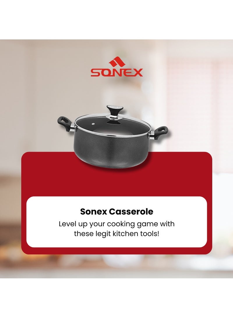 Sonex Casserole Premium Cookware, Even Heating, Tempered Glass Lid, High Quality Aluminum, Non-Stick Coating , Bakelite Heat Resistant Handle, Durable Construction, Easy to Clean, Grey 28Cm. - Image 2
