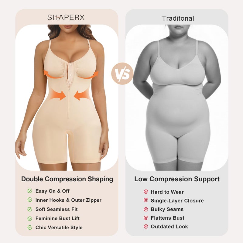 SHAPERX Shapewear Bodysuit for Women Tummy Control Seamless Zip-Up Body Shaper Waist Snatched Body Suit,SZ5862-Beige-S/M - Image 5