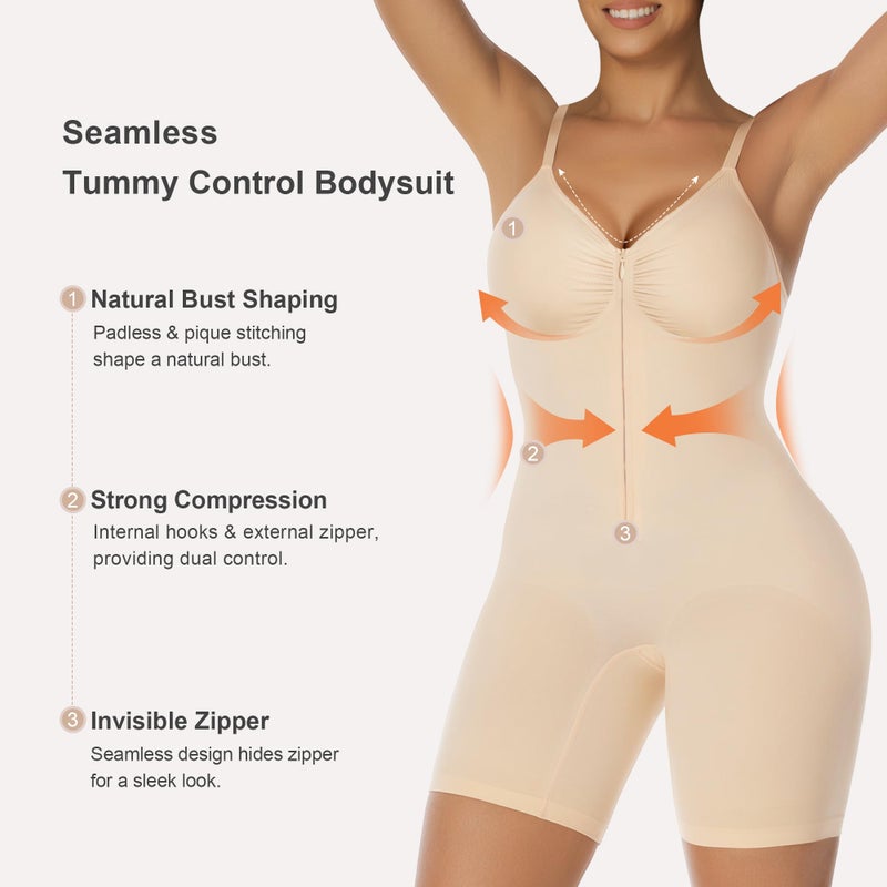 SHAPERX Shapewear Bodysuit for Women Tummy Control Seamless Zip-Up Body Shaper Waist Snatched Body Suit,SZ5862-Beige-S/M - Image 3