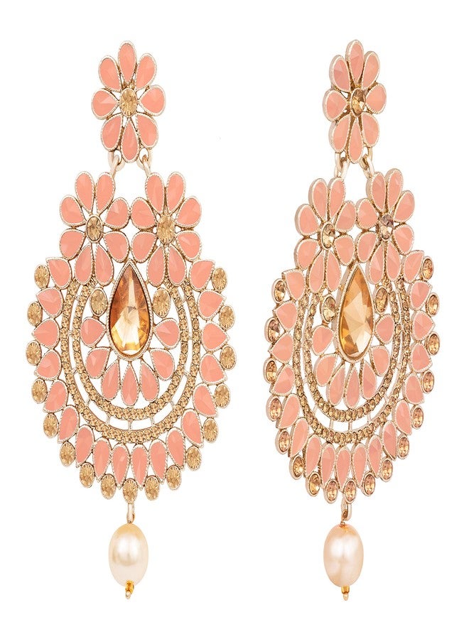 JFL - Jewellery for Less Gold Plated Floral Polki Cz Stone and LCD Diamond Studded Chand Bali Earrings for Women and Girls (Peach),Valentine - Image 2
