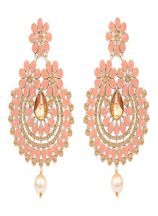 JFL - Jewellery for Less Gold Plated Floral Polki Cz Stone and LCD Diamond Studded Chand Bali Earrings for Women and Girls (Peach),Valentine - Image 1