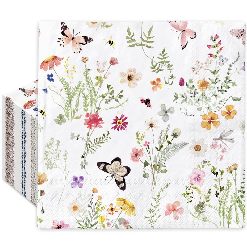 Whaline 50Pcs Wildflower Paper Napkin Watercolor Floral Butterfly Disposable Luncheon Napkin Dessert Dinner Hand Napkin for Spring Wedding Bridal Shower - Image 1