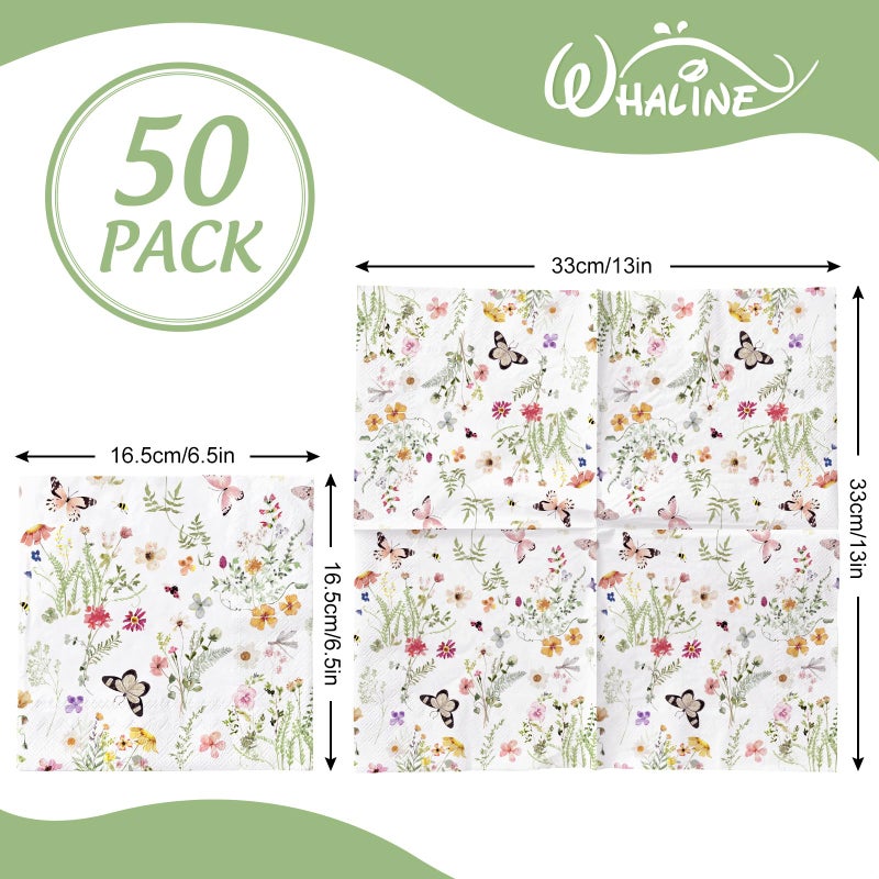 Whaline 50Pcs Wildflower Paper Napkin Watercolor Floral Butterfly Disposable Luncheon Napkin Dessert Dinner Hand Napkin for Spring Wedding Bridal Shower - Image 2