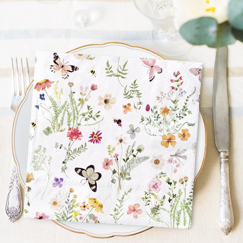 Whaline 50Pcs Wildflower Paper Napkin Watercolor Floral Butterfly Disposable Luncheon Napkin Dessert Dinner Hand Napkin for Spring Wedding Bridal Shower - Image 4