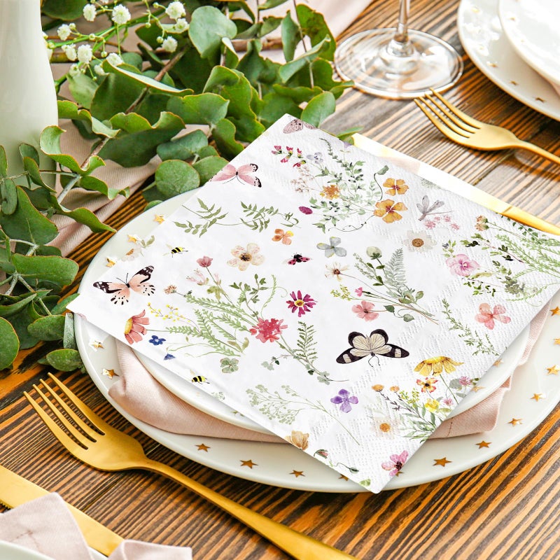 Whaline 50Pcs Wildflower Paper Napkin Watercolor Floral Butterfly Disposable Luncheon Napkin Dessert Dinner Hand Napkin for Spring Wedding Bridal Shower - Image 5