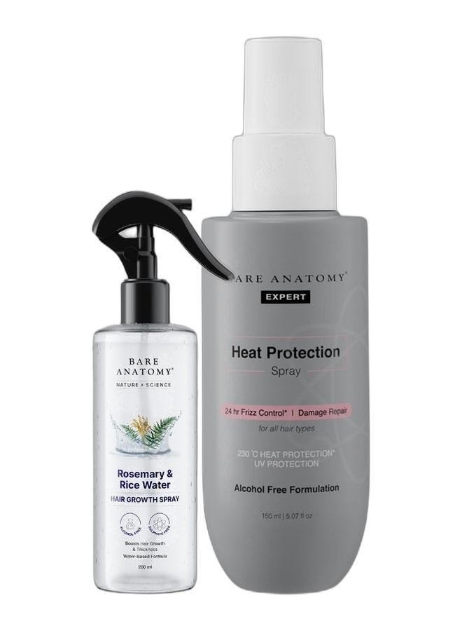 BARE ANATOMY Nature X Science Rosemary Water Spray For Hair Growth And Hair Thickness With Rice Water |100% Natural Extract | Soft And Smooth Hair| Controls Hairfall| Non-Greasy And Fast Absorbing | 200ml & Heat Protection Spray Serum| Controls Frizz For Up To 24 Hrs | Vitamin E, Pea Protein And Veg Keratin Enriched | Paraben Free | For Women And Men | Vegan |230 Â°C Heat Protection 150 Ml Bundle - Image 1