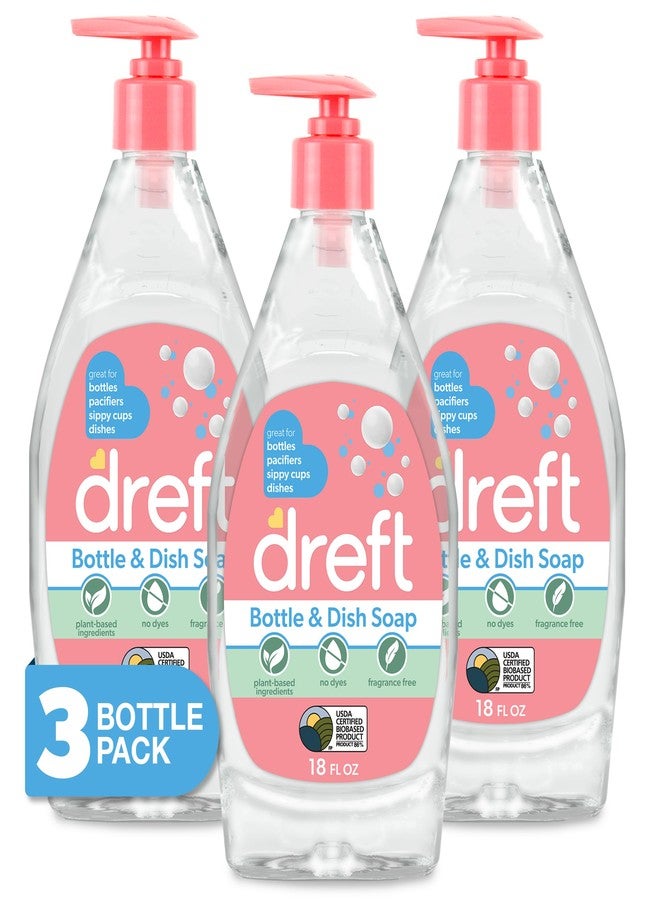 DREFT Bottle and Dish Soap | Made to Clean Baby Bottles, Sippy Cups, Pacifiers, Breast Pumps, & More | Gently Removes Milk Film & Odors | Plant Based, Fragrance Free Dish Soap | 18 Fl Oz (Pack of 3) - Image 1