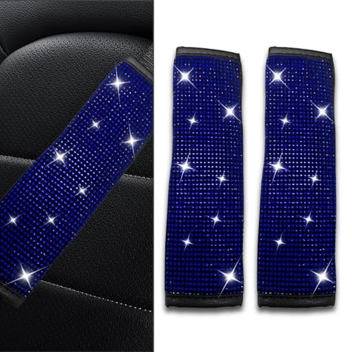 BDZMC 2PCS Bling Car Seat Belt Covers Rhinestone Car Seat Belt Shoulder Pads Crystal Diamond Car Seatbelt Cushion for Women Car Interior Accessories for Car Truck SUV Blue - Image 1