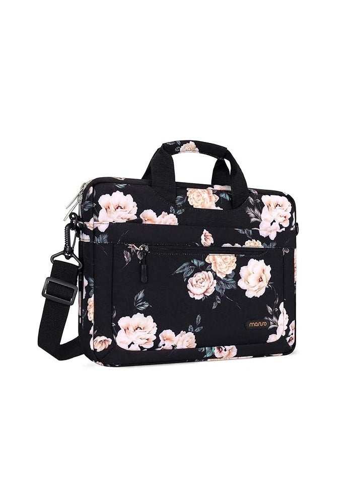 MOSISO Laptop Shoulder Bag Compatible with MacBook Air 15 inch M2 A2941 2023/Pro 16 2023-2019 M2 A2780 M1 A2485 A2141,15-15.6 inch Notebook, Camellia Sleeve with Adjustable Depth at Bottom, Black - Image 1