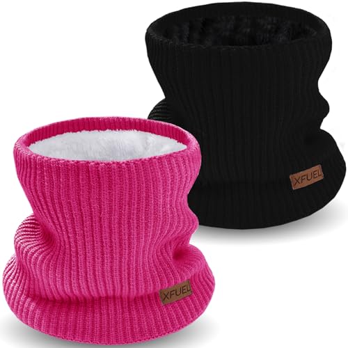 XFUEL Kids Neck Warmer, 2 Pack, Knitted Winter Neck Gaiter, Fleece Lined Infinity Scarf for Boys Girls (black,rose pink) - Image 1