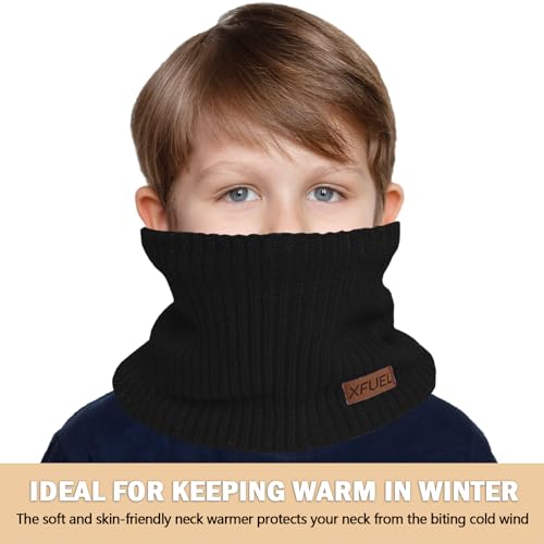 XFUEL Kids Neck Warmer, 2 Pack, Knitted Winter Neck Gaiter, Fleece Lined Infinity Scarf for Boys Girls (black,rose pink) - Image 5