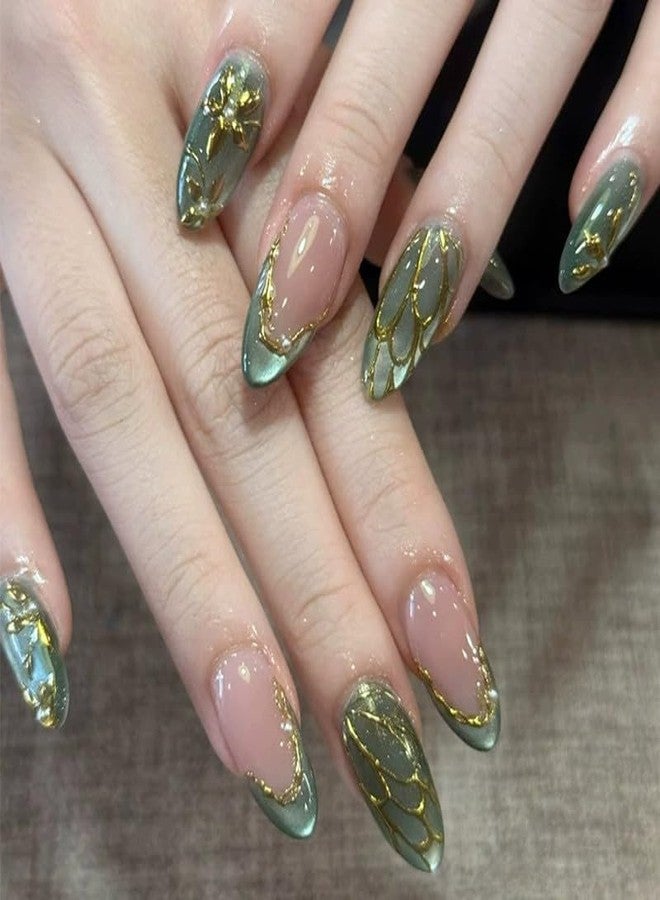 QQPPOLIU Green Press on Nails Medium Almond Shape - With Cat Eye Effect and Butterfly and French Tip Design - for Women Party and Daily - p60113 - Image 1
