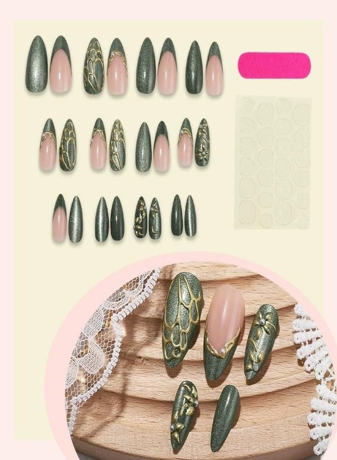 QQPPOLIU Green Press on Nails Medium Almond Shape - With Cat Eye Effect and Butterfly and French Tip Design - for Women Party and Daily - p60113 - Image 3
