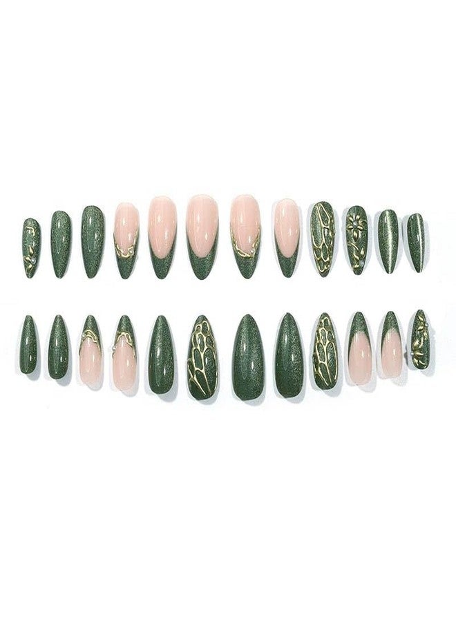 QQPPOLIU Green Press on Nails Medium Almond Shape - With Cat Eye Effect and Butterfly and French Tip Design - for Women Party and Daily - p60113 - Image 2