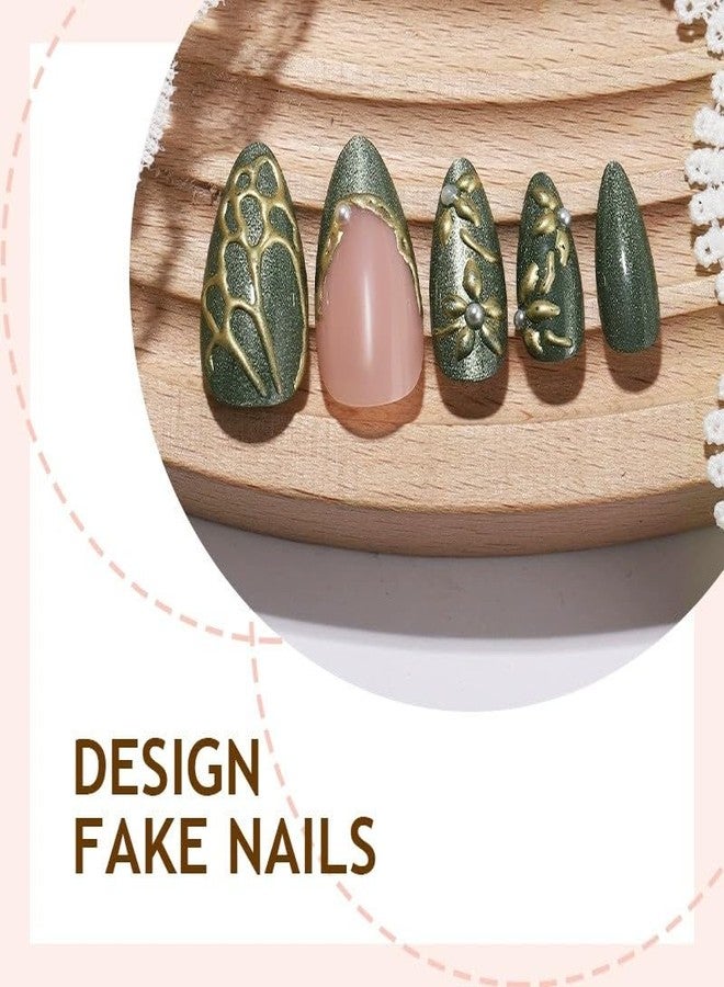 QQPPOLIU Green Press on Nails Medium Almond Shape - With Cat Eye Effect and Butterfly and French Tip Design - for Women Party and Daily - p60113 - Image 4