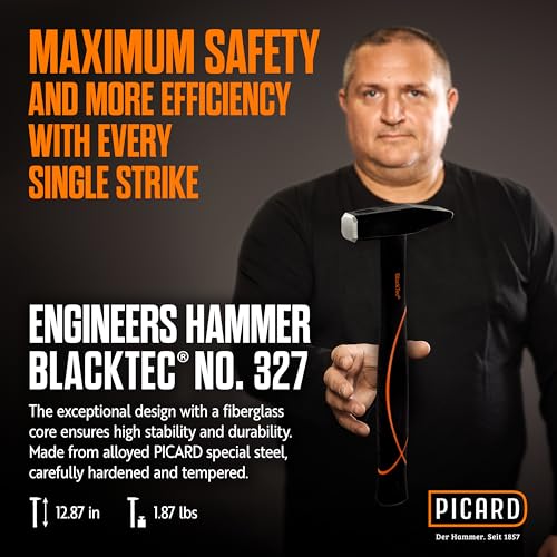 Picard Riveting Hammer BlackTec 600g German Pattern Cross Peen Alloy Steel Head Black Powder Coated Low Vibration Fiberglass Core Handle Rubber Grip 00327000600 - Image 3